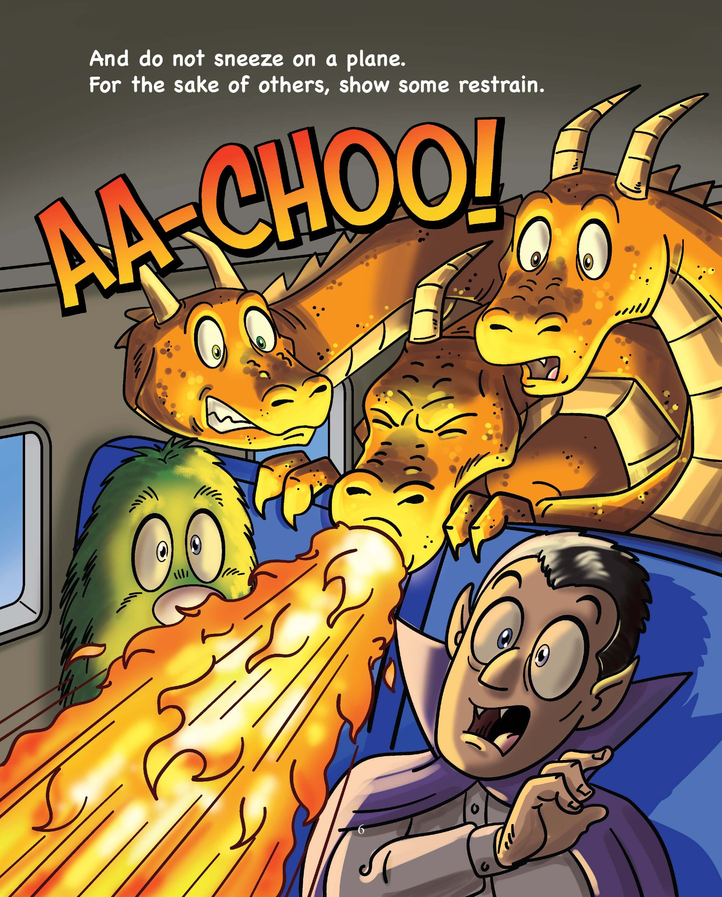 Don't Fart in the Shower children's book scene three headed dragon sneezing scene illustration
