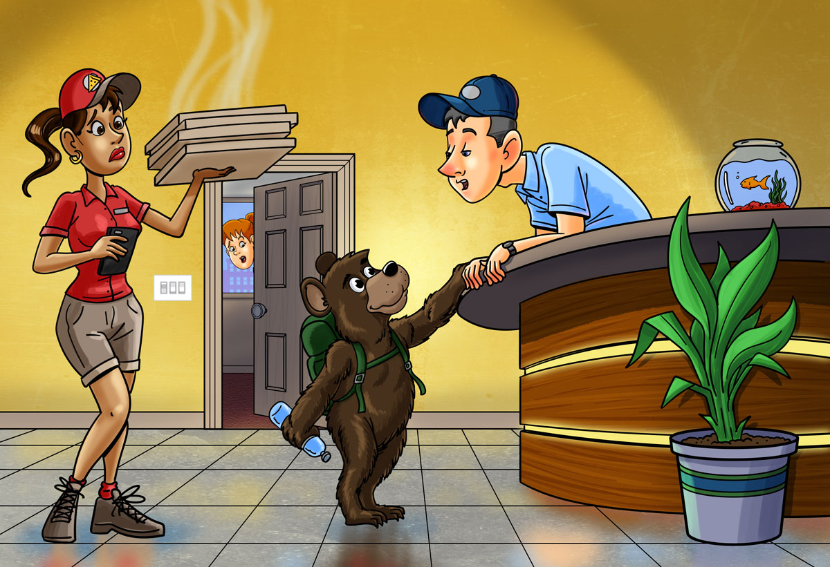 Professional children's book illustration featuring bear character in lobby setting