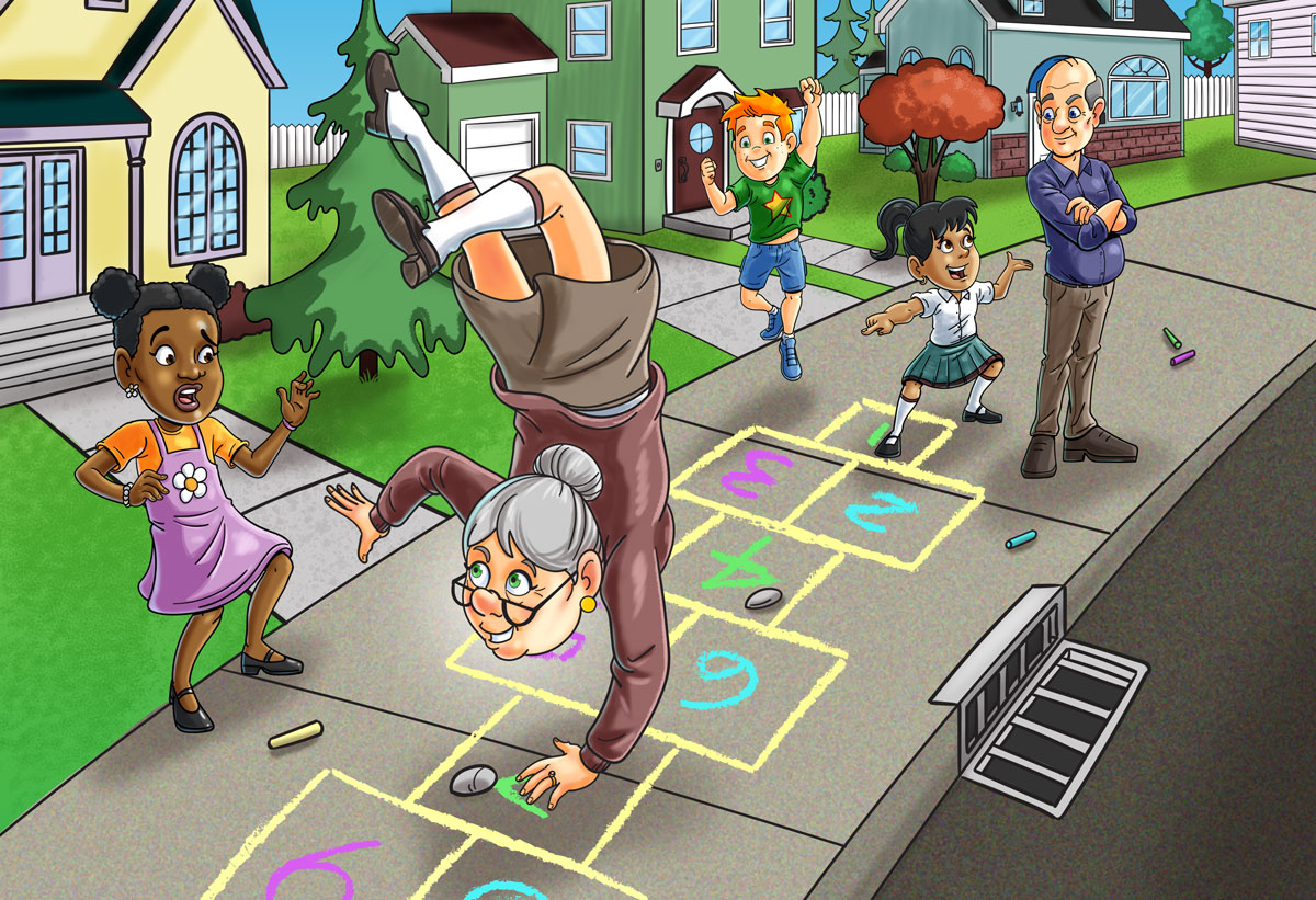 Detailed children's book illustration showing elderly character on sidewalk scene